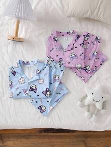 少女可爱深色小猫印花开衫和裤子休闲家居服套装，甜美可爱系列 - 藍色 - 查看 3