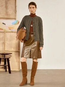 Florisole كارديجان نسائي كاجوال أحادي الصدر بتصميم حبل مجدول، طويل الأكمام، للخريف/الشتاء - أخضر عسكري - مشاهدة 5