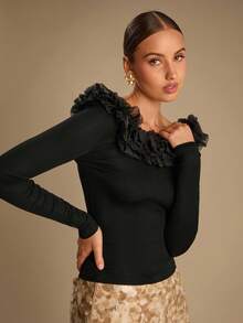 Enchnt 女式纯色网眼拼布荷叶边长袖修身时尚衬衫 - 黑色 - 查看 5