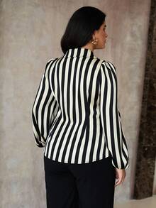 Roveilla Plus Size Elegant Commuter Striped Tie-Wrap Shirt Women Blouses Elegant Wrap Tops For Women Tie Front Blouse Stripe Top Striped Blouse - Black - View 2