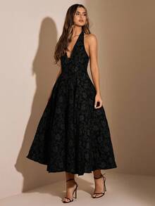 SHEIN BAE 秋冬棕色花卉纹理高领紧身连衣裙，适合约会、夜晚外出、派对、生日、优雅连衣裙、咖啡色连衣裙、生日连衣裙、节日连衣裙 - 黑色 - 查看 4