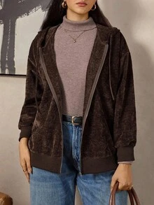 Zelara 复古硬币图案拉链长袖卫衣，大码女款，棕色卫衣，棕色外套，棕色秋冬感恩节卫衣 - 咖啡棕 - 查看 5