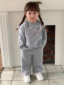 DAZY 2件套女婴圆领蝴蝶结装饰长袖卫衣和宽松运动裤套装，幼儿女童服装 - 灰色 - 查看 4