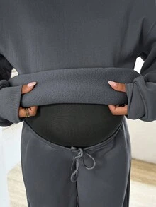 SHEIN 2 件套孕妇纯色落肩长袖连帽运动衫和可调节腰部运动裤，秋冬休闲装 - 深灰色 - 查看 6
