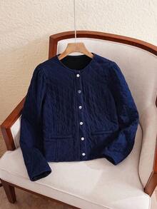 EMERY ROSE 女士圆领单排扣休闲牛仔夹克，秋季 - 中等水洗藍 - 查看 1