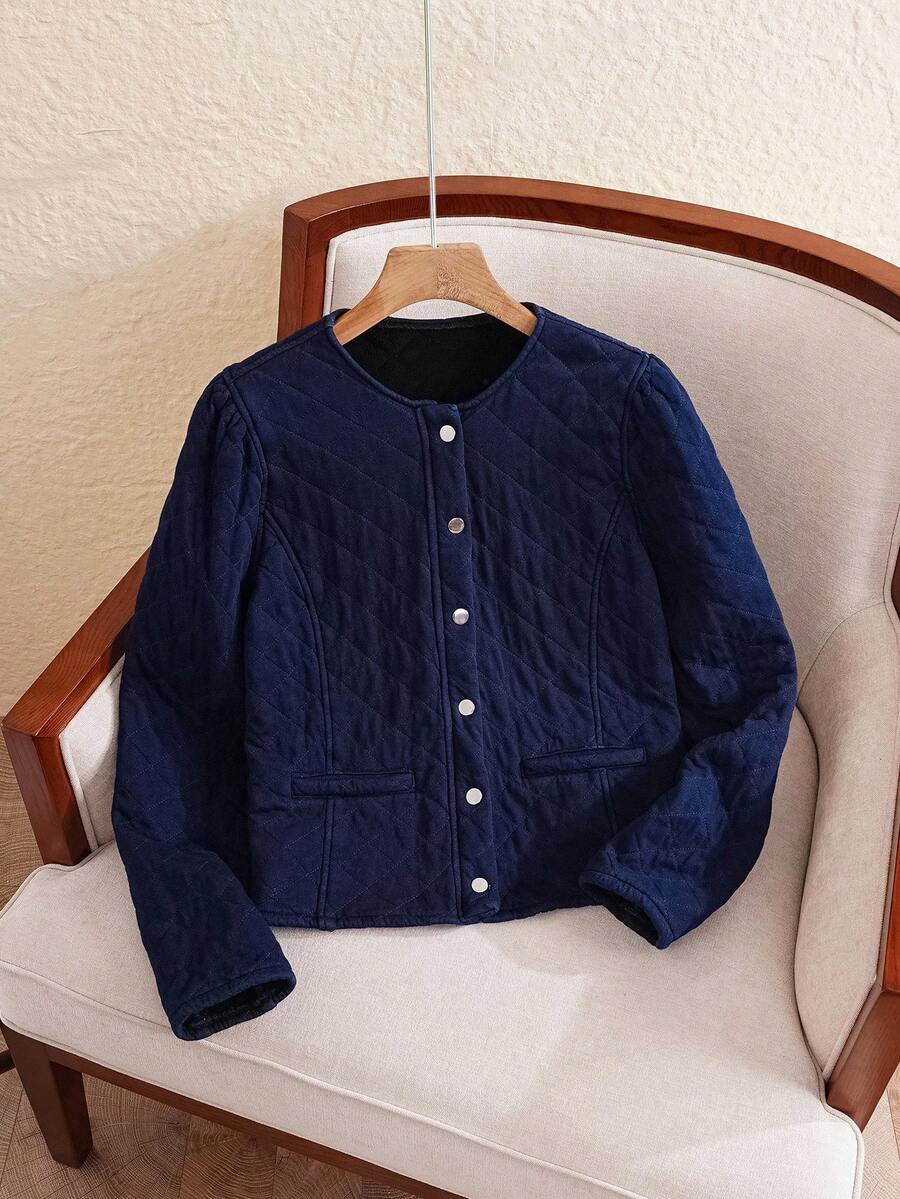 EMERY ROSE 女士圆领单排扣休闲牛仔夹克，秋季 - 中等水洗藍 - 查看 1