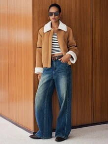 Lumivelle Abrigo de mujer con cuello de piel sintética y dobladillo de color contrastante