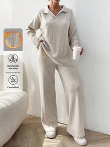 EURMUSE 2pcs/Set Solid Color Ribbed Polo Neck Loose Knit Sweater - Apricot - View 1