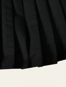 2pcs/Set Girls Casual Outfit, Bow Polo Shirt And Black Pleated Skirt, School Style Fall Winter