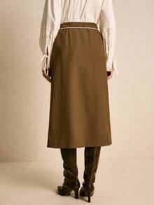 Poéselle Women's Elegant Commuter  Skirt With Embroidered Buttons  Button-Front And Contrast Piping Brown Skirt Graphic Skirt Western Skirts Brown Long Skirt - Brown - View 2