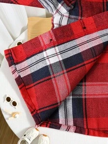 SHEIN 2 件套男婴/女婴红色格子领长袖上衣和牛仔裤套装，百搭休闲装，适合秋冬季