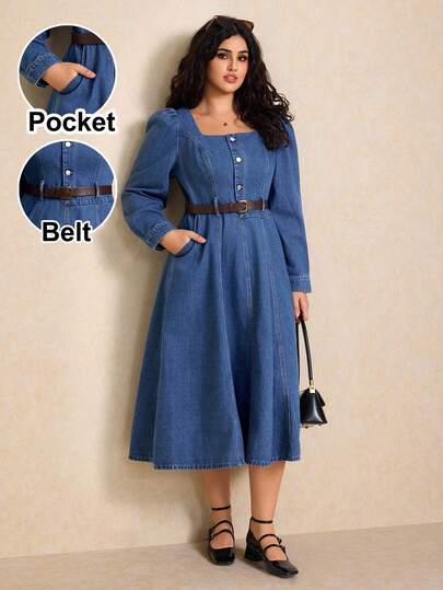 Elaquor Plus Size Blue Denim Dress Long Sleeves Long Dress Square Neck Design With A Belt Autumn And Winter Elegant Dress