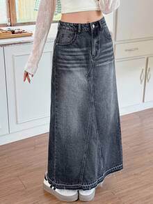 Rivivi Váy denim cạp giữa thời trang thường ngày có thắt lưng cho nữ - màu đen - Xem 7