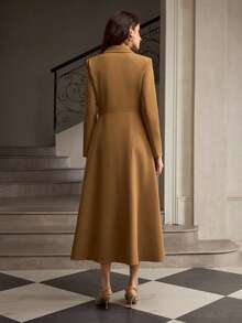 ZEYLAH 新款秋季女式长袖修身双排扣百褶职业连衣裙 - 咖啡 - 查看 3