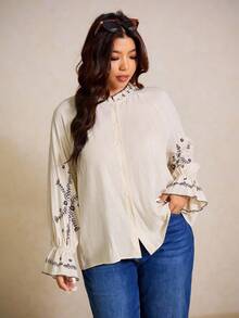 Elaquor Printed Casual Loose Fit Long Sleeve Plus Size Women Shirt - Apricot - View 3