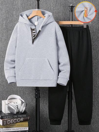 SHEIN 2pcs Tween Boy Casual Versatile Letter Graphic Oblique Placket Hoodie And Black Pants Set, Suitable For Autumn/Winter Casual, Outdoor, School, Party