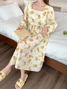 DAZY 可爱卡通印花方领泡泡袖宽松女式睡袍，适合秋季睡衣 - 黃色 - 查看 5