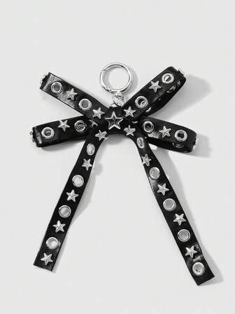 Grunge Punk 1pc Y2K Style Retro Punk Chic High-End Black Leather Double-Row Hollow Air Hole Faux Pearl Bow DIY Keychain Bag Pendant, Suitable For Women Girls Everyday Wear, Holiday Gift