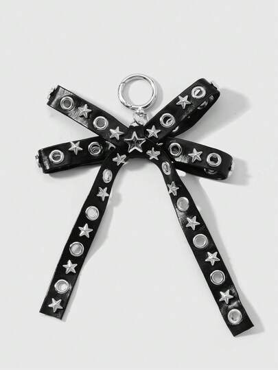 Grunge Punk 1pc Y2K Style Retro Punk Chic High-End Black Leather Double-Row Hollow Air Hole Faux Pearl Bow DIY Keychain Bag Pendant, Suitable For Women Girls Everyday Wear, Holiday Gift