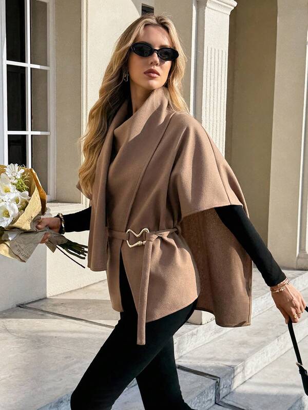 SHEIN Frenchy Women's Solid Color Metal Buckle Design Cape Overcoat, Autumn/Winter,Brown Overcoat,Brown Cape,Overcoat With Scarf And Cape,Scarf Coat,Brown Jacket, French Style Clothes,Brown Jacket,Metal Buckle Waist Belt Coat With The Belt Can Be Replaced And Matched Freely, Fashion Shawl Coat,Women's Winter Clothes,Women's Winter Jacket,Women's New 2025 Small Design Sense, Single Versatile Temperament, French Elegant, Delicate, French Style Dressing,Old Money,Simple, Office, Commuting, Elegant, Suitable For Daily Wear,Winter Clothes For Women Casual