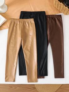 SHEIN 3pcs/Set Young Girl Skinny PU Leather Leggings, Black/Brown/Apricot, Buy 1 Get 2, Sister Matching Autumn/Winter Fall For Fall PU Tight Pants Black Pants Leather Pants 5t Pants Cheap Leggings Pants - Multicolor - View 6