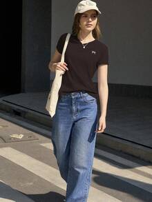 Jouncy 女式蝴蝶结印花V领短袖休闲T恤 - 咖啡棕 - 查看 3