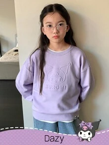 DAZY HELLO KITTY AND FRIENDS | SHEIN 少女卡通字母压花圆领落肩超大卫衣 - 紫色 - 查看 5