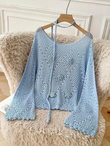 Modelyn Hollow-Out Casual Long Sleeve 3D Floral Decor Women Sweater, Suitable For Everyday Wear - Blue - View 1