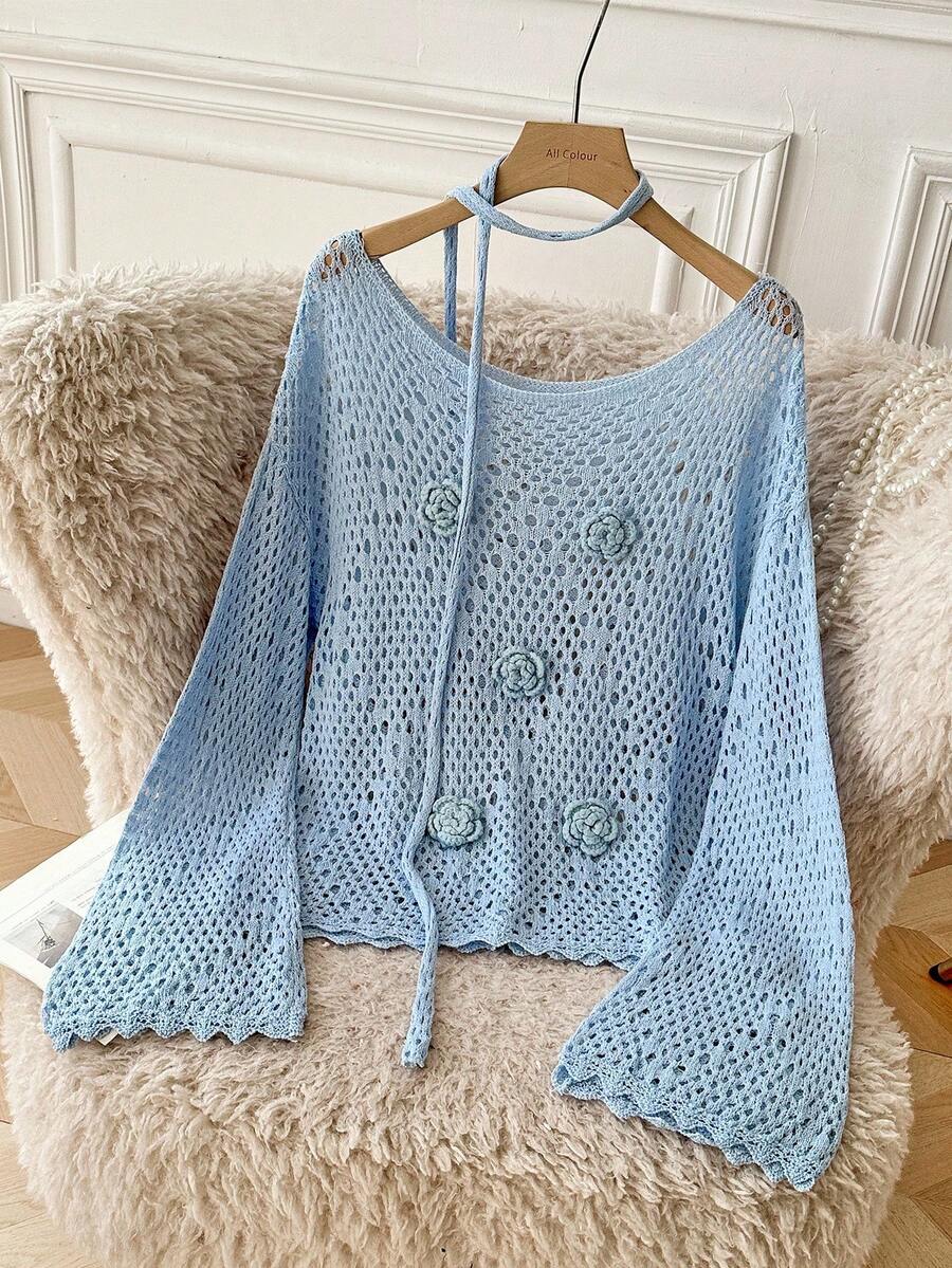 Modelyn Hollow-Out Casual Long Sleeve 3D Floral Decor Women Sweater, Suitable For Everyday Wear - Blue - View 1