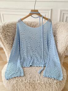 Modelyn Hollow-Out Casual Long Sleeve 3D Floral Decor Women Sweater, Suitable For Everyday Wear - Blue - View 5