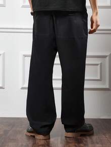 SUMWON 宽松斜纹布裤，前褶经典商务休闲正装裤，办公室穿着，高腰阔腿 - 黑色 - 查看 2