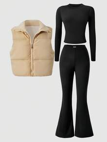 Sparklyn Girls Casual Versatile Vest T-Shirt And Pants Set, Pants With V-Shaped Waistline Design, Vest With Simple Classic Design, Suitable For Autumn/Winter Outings, Walking, Shopping, School, Commuting, And Travel - Khaki - View 5