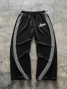 AXEPEAK 男士撞色条纹和字母印花连帽衫和运动裤套装，秋冬装 - 黑色 - 查看 10