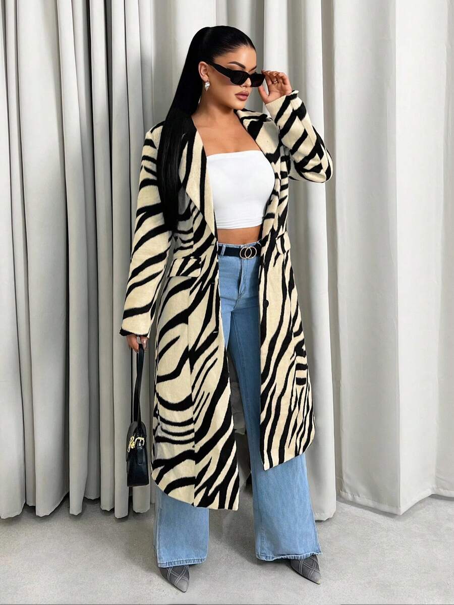 Sirith 2025 女士新款细条纹粗花呢翻领大衣，中长款，宽松版型，时尚性感。 - 彩色 - 查看 1