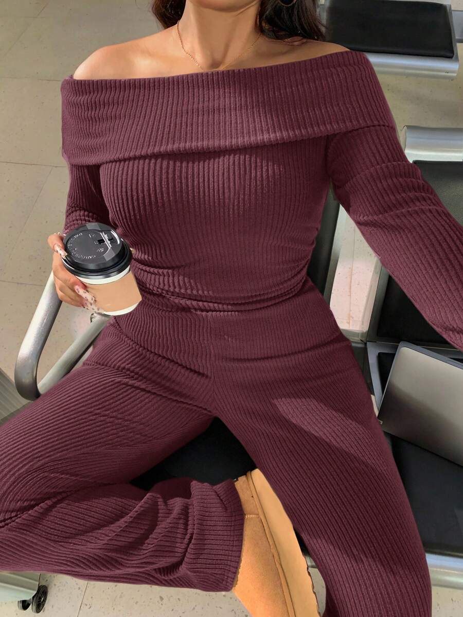 SHEIN EZwear Conjunto Casual Minimalista de 2 Peças com Ombros à Mostra e Canelado em Plus Size - Vinho - Visão 1