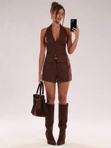 SHEIN BAE Women's Casual And Business Dual-Use Belt With Twill Shorts For Fall/Winter Workwear Shorts, Commuter Attire, Suitable For Professional Outfits, Brown Clothes Brown Shorts Women - Coffee Brown - View 1