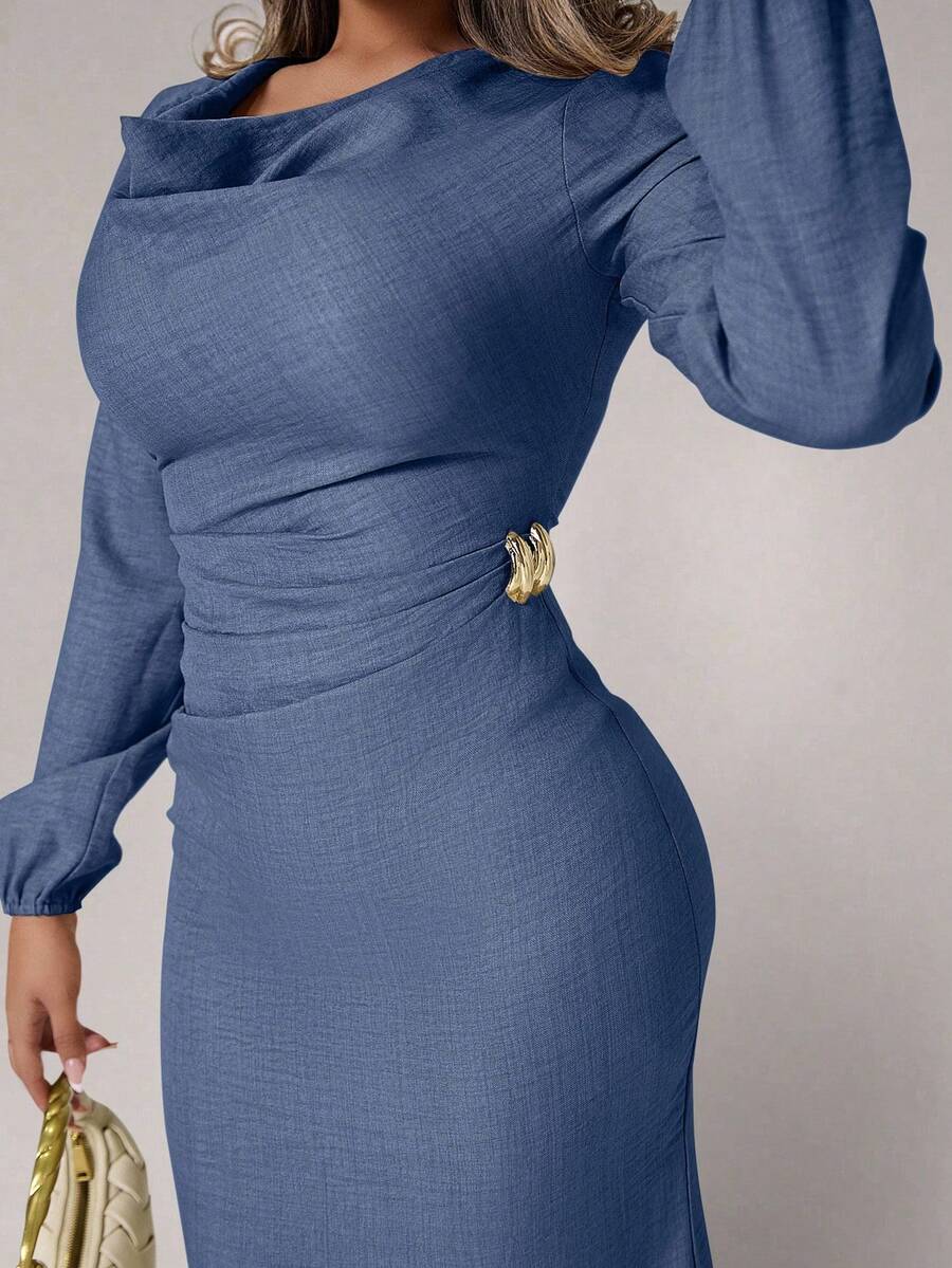 Xyvia Đầm dài cổ xếp ly khóa kim loại cho nữ - Rửa nhẹ - Xem 1