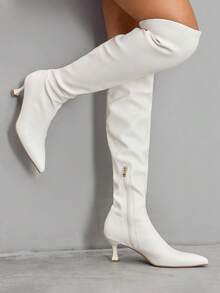 CUCCOO SZL 女士秋冬新款白色时尚超高过膝靴，百搭尖头小猫跟优雅简约弹力过膝靴 - 白色 - 查看 5