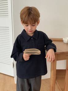 DAZY Young Boy Solid Color Long Sleeve Drop Shoulder Loose Fit Casual Shirt - Navy Blue - View 3