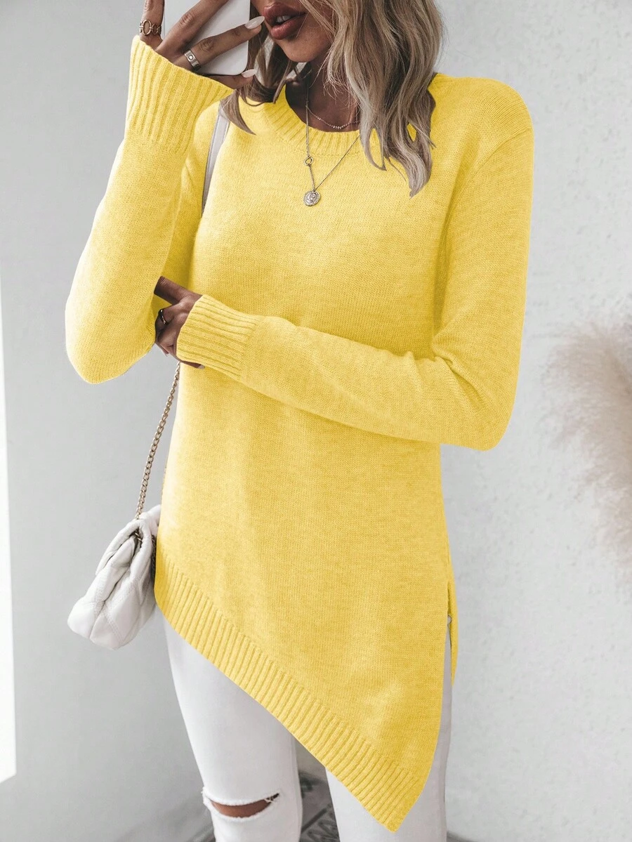 EMERY ROSE Lässiger einfarbiger Pullover mit asymmetrischem Saum und Seitenschlitz, Herbst/Winter - Gelb - Übersicht 1