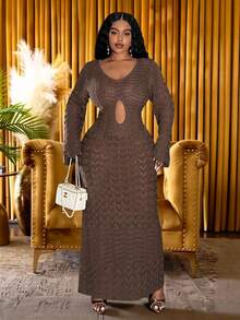 Slaydiva فستان ماكسي محبوك أنيق وأنيق ذو أكمام طويلة وياقة عميقة على شكل V وشق جانبي للنساء ذوات الحجم الكبير، لون بيج ثابت، مناسب لحفلات المنتجعات الراقية في خريف وشتاء 2025 - كاكي - مشاهدة 7