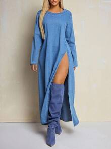 Slaydiva 大码女式圆领长袖休闲宽松牛仔连衣裙，侧开衩下摆