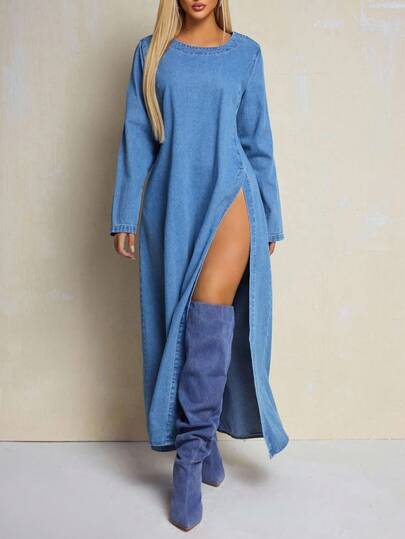Slaydiva Plus Size Women's Round Neck Long Sleeve Casual Loose Denim Dress With Side Slit Hem