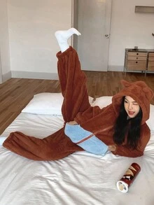 DAZY 加厚抓绒连帽耳罩设计女式连体衣，蓬松柔软，适合冬季和秋季穿着。 - 鏽棕色 - 查看 6