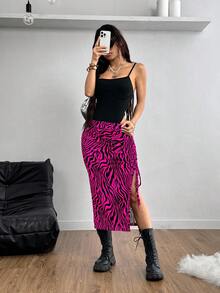 SHEIN EZwear 女性夏季半腿裙，整體打褶設計，綁繩開叉設計，採用印花布料 - 玫紅色 - 查看 5