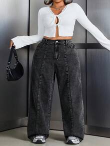 SHEIN CURVE+ 大码休闲简约牛仔裤，适合夏季，曲线加大，Hoho 度假 - 黑色 - 查看 3