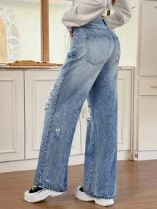 Rivivi 女式口袋破洞阔腿宽松休闲牛仔裤