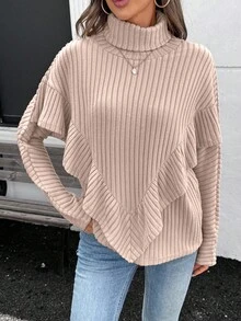 SHEIN LUNE 秋冬款高领针织厚罗纹宽松荷叶边女式长袖T恤 - 卡其色 - 查看 6