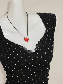 SHEIN ICON Women's Sexy Millennial Style Y2K Young Fashion Black Background White Polka Dot Sweetheart Neckline Splicing Lace Lace Open Back Slim Knit T-Shirt - Multicolor - View 9