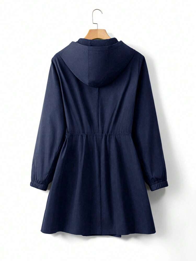 EMERY ROSE Jaqueta Corta-Vento com Capuz e Cintura Marcada Plus Size para Mulheres, Casual Elegante de Modelagem Solta e Acabamento Premium para Verão - Azul Marinho - Visão 2